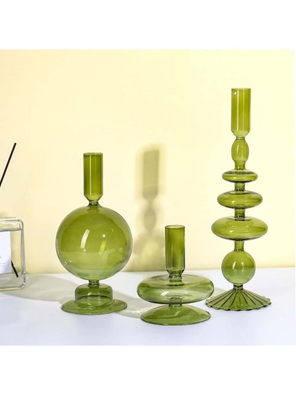 Set of 3 Elegant Green Glass Candle Holders - Stylish Home Decor Accent